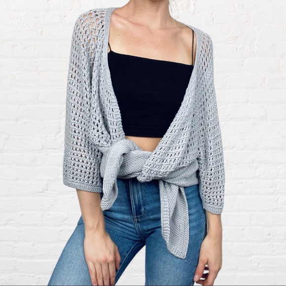 HANDMADE | Misty Grey Blue Lace Knit Flowy Open Front Cardigan Duster Coverup - Picture 2 of 8